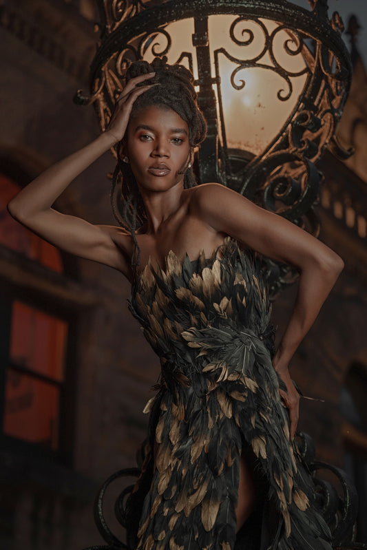 Aphrodite Strapless double slit Feather Gown TOP NOT ADJUSTABLE